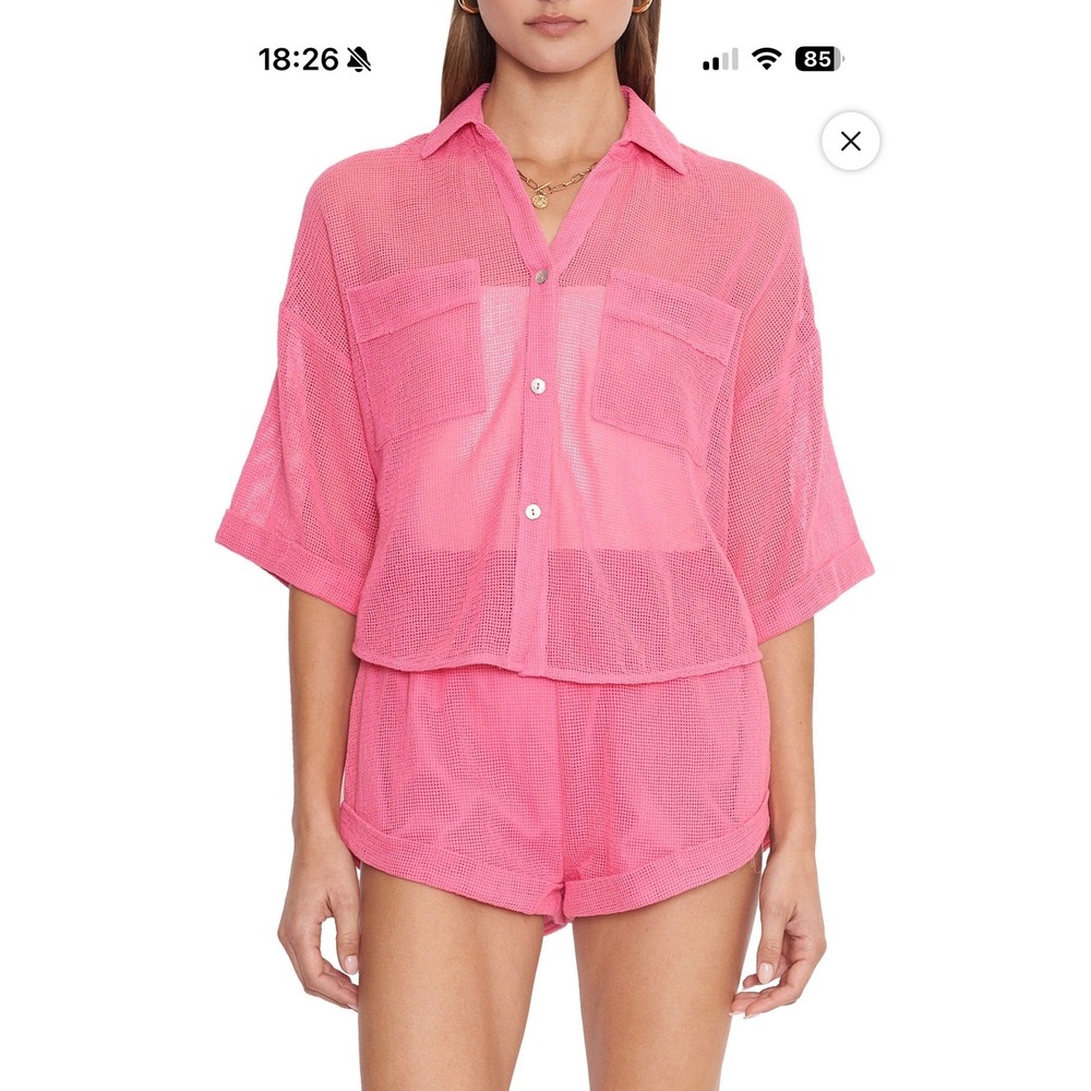 Out From Under Hot Pink Cotton Mesh Two Piece Set Shirt and Shorts Womens Small